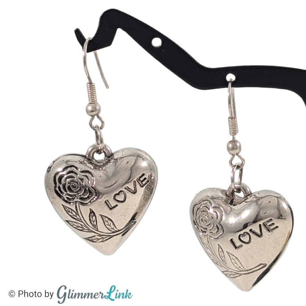 Puffy Heart Rose Love Engraving Silver Tone Dangle Fashion Earrings